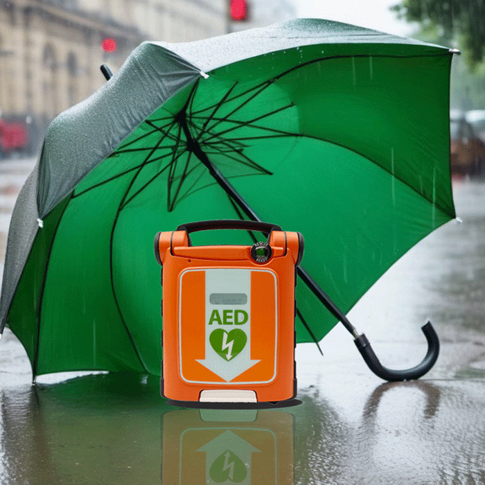 Kun je een AED gebruiken in de regen?