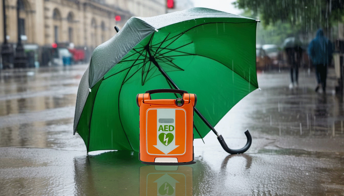 Kun je een AED gebruiken in de regen?