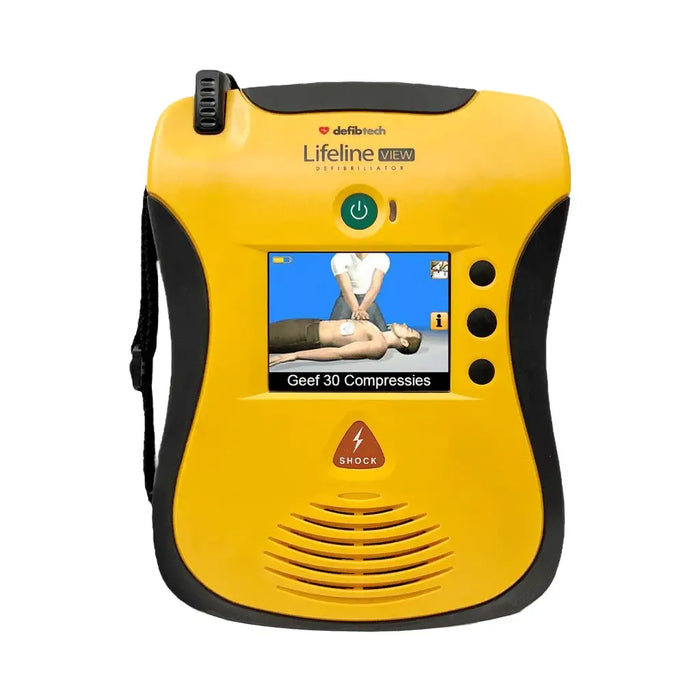 Defibtech Lifeline View halfautomatische AED voorkant met LCD scherm aan