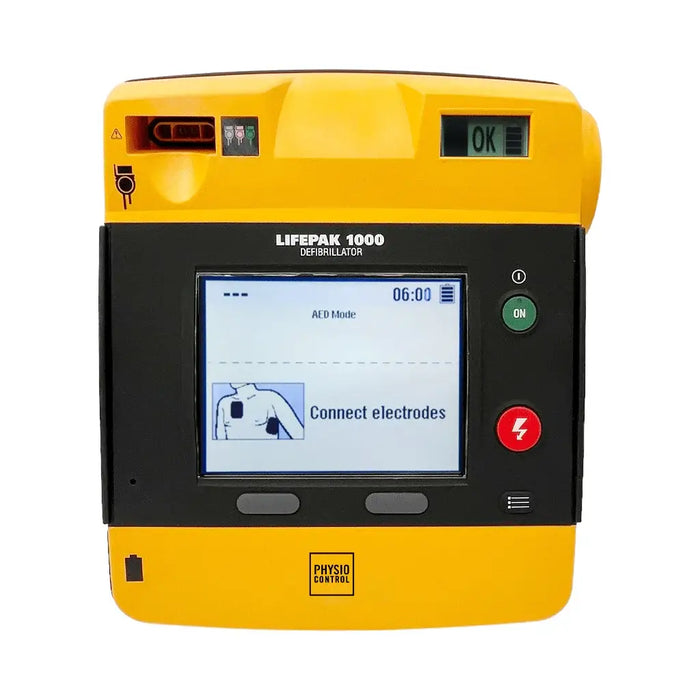 Physio-Control LIFEPAK 1000 halfautomatische AED voorkant met LCD scherm aan