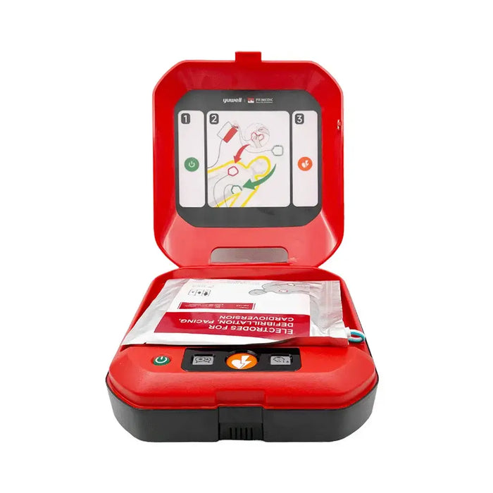 Primedic HeartSave Y halfautomatische AED voorkant met klep open