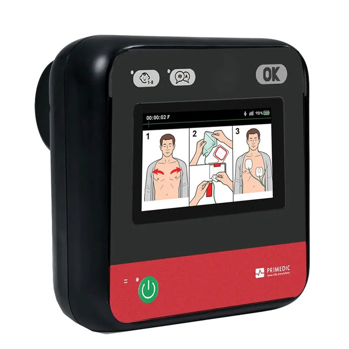 Primedic HeartSave myPAD volautomatische AED met LCD display voorkant schuin