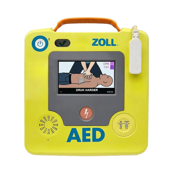 ZOLL AED 3 halfautomatische AED voorkant met lcd scherm aan